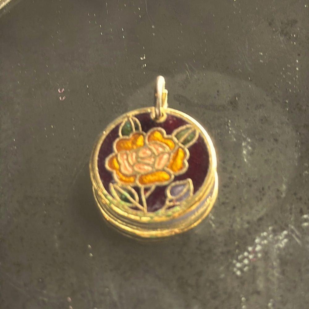 Vintage orange & purple flower cloisonné disc pendant